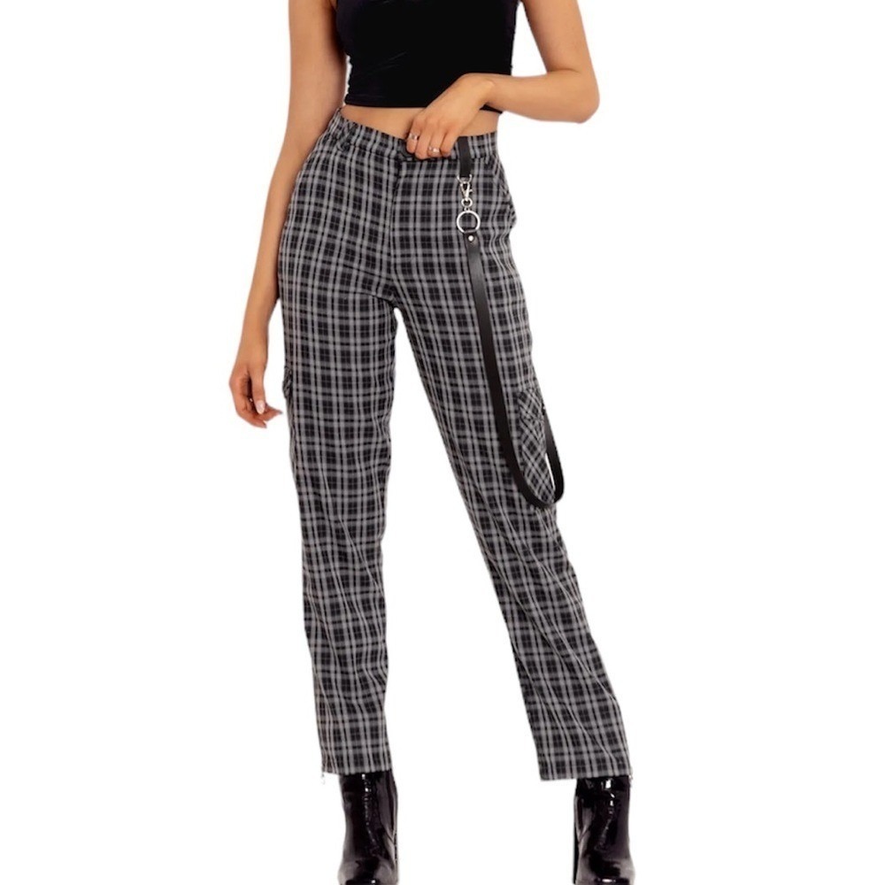 BlackMilk Grey Plaid Cargo Pants Womens Size 14 High Rise Straight Leg Trousers